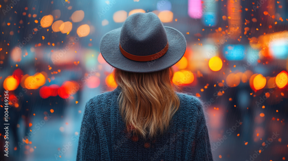 A woman stands with her back turned, taking in the colorful city lights and vibrant atmosphere during the evening A woman stands with her back turned, taking in the colorful city lights and vibrant atmosphere during the evening