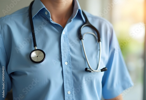 person wearing blue shirt with stethoscope around their neck, symbolizing healthcare