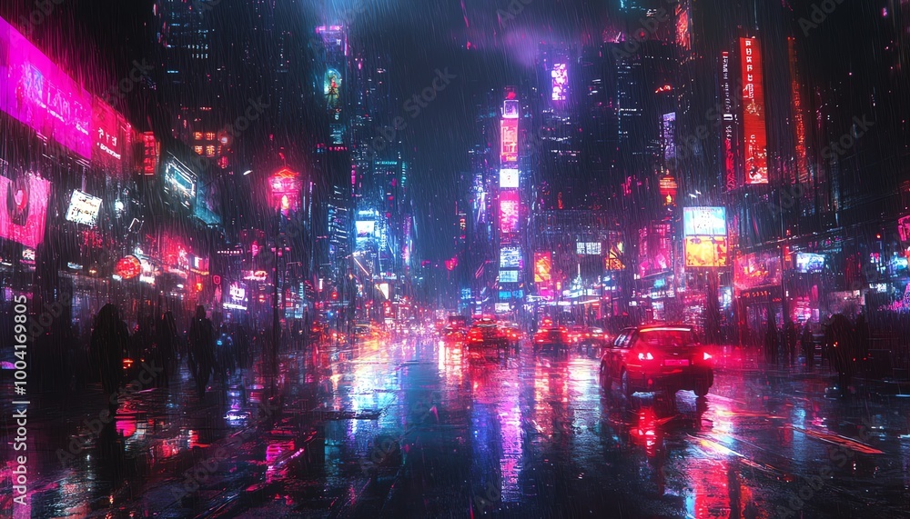 Cyberpunk city street, sky hidden by massive buildings, wet from condensation, neon lights reflecting off surfaces, futuristic vibe Cyberpunk city street, sky hidden by massive buildings, wet from condensation, neon lights reflecting off surfaces, futuristic vibe
