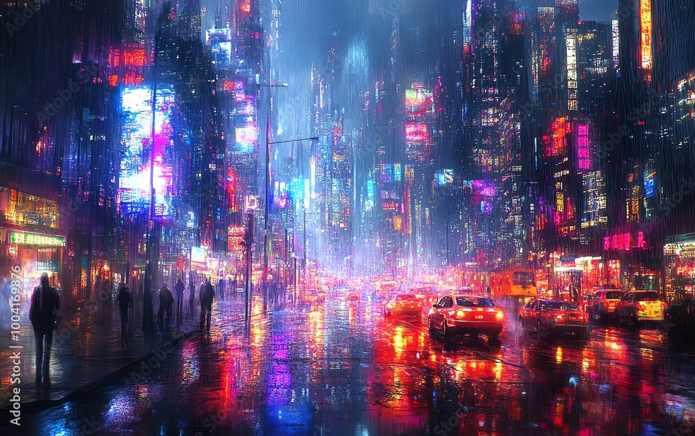 Fototapeta premium Cyberpunk street scene, buildings blocking sky, wet from condensation, neon illumination, hightech urban setting