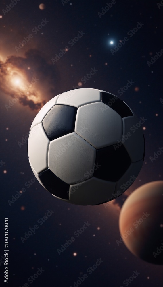 Fototapeta premium Floating soccer ball against starry backdrop Space