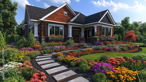 Beautiful home surrounded by vibrant flower gardens and pathways.