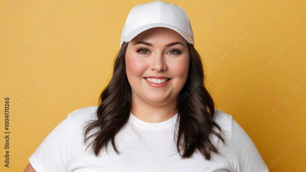 Plus size woman wearing white t-shirt and white baseball cap isolated on yellow background Plus size woman wearing white t-shirt and white baseball cap isolated on yellow background