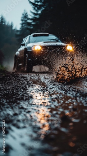 Rally car racing through foggy and muddy forest roads with dramatic rain and splashing water in a close-up action shot