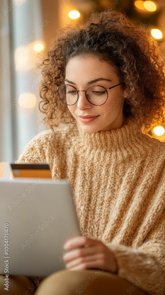 Woman holding a credit card while looking at her laptop, making a purchase during Cyber Monday Woman holding a credit card while looking at her laptop, making a purchase during Cyber Monday