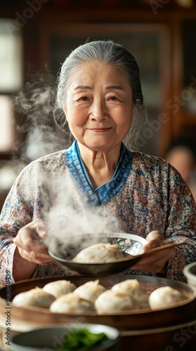 Chinese grandmother serving homemade dishes at a family dinner, warm and inviting environment