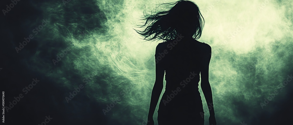 Dark and creepy silhouette of a woman turning toward the camera, eerie atmosphere, shadowy and unsettling mood Dark and creepy silhouette of a woman turning toward the camera, eerie atmosphere, shadowy and unsettling mood