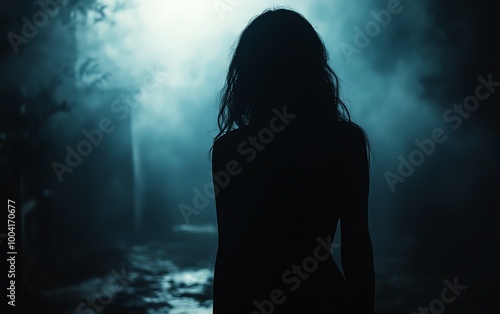 Dark and creepy silhouette of a woman turning toward the camera, eerie atmosphere, shadowy and unsettling mood