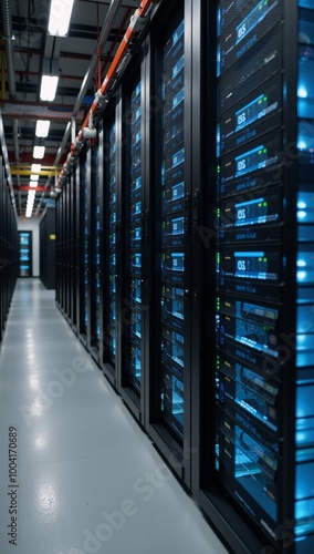 Modern technological innovation begins within a spacious big data center filled with server racks for web-based services and cloud computing solutions SAAS