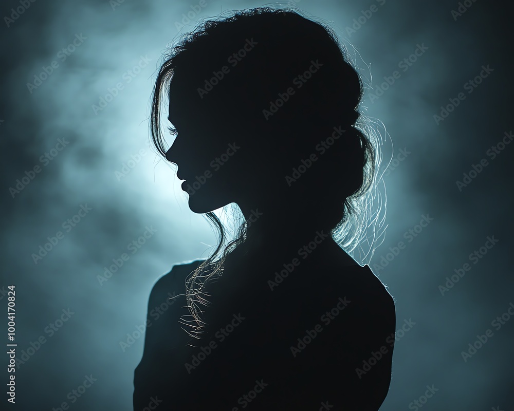 Dark silhouette of a woman turning to face the camera, creepy and chilling ambiance, shadowy and unsettling mood Dark silhouette of a woman turning to face the camera, creepy and chilling ambiance, shadowy and unsettling mood