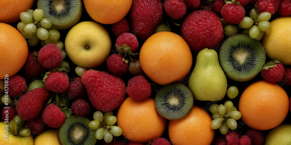 Ein bunter Mix aus Himbeeren, Kiwis, grünen Trauben und Aprikosen, der perfekt für eine gesunde und erfrischende Obstkomposition arrangiert ist Ein bunter Mix aus Himbeeren, Kiwis, grünen Trauben und Aprikosen, der perfekt für eine gesunde und erfrischende Obstkomposition arrangiert ist