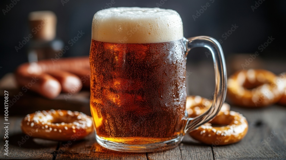 a closeup of a frothy beer in a glass stein placed on a wooden table surrounded by traditional German sausages pretzels mustard and Oktoberfest decorations captured in vibrant colors a closeup of a frothy beer in a glass stein placed on a wooden table surrounded by traditional German sausages pretzels mustard and Oktoberfest decorations captured in vibrant colors