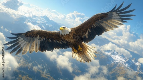 eagle soaring majestically against a bright blue sky wings outstretched embodying freedom and strength with distant mountains providing a dramatic backdrop that enhances the sense of flight