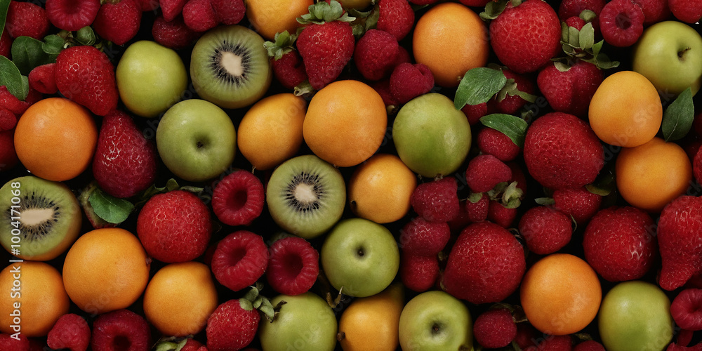 Ein frischer Mix aus Himbeeren, Kiwis, Äpfeln und Aprikosen, dekorativ angerichtet für eine farbenfrohe und gesunde Obstvariation Ein frischer Mix aus Himbeeren, Kiwis, Äpfeln und Aprikosen, dekorativ angerichtet für eine farbenfrohe und gesunde Obstvariation