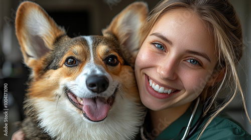 Médica veterinária feliz uniformizada abraçando e brincando com um cão