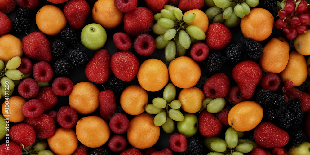 Ein Mix aus Himbeeren, Trauben, Aprikosen und schwarzen Brombeeren, der dekorativ und farbenfroh für eine fruchtige und gesunde Ernährung arrangiert ist Ein Mix aus Himbeeren, Trauben, Aprikosen und schwarzen Brombeeren, der dekorativ und farbenfroh für eine fruchtige und gesunde Ernährung arrangiert ist