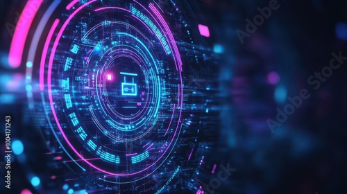 Abstract circular security icons with neon glowing lines, dark futuristic backdrop, digital encryption theme, 3D rendering, cyber protection