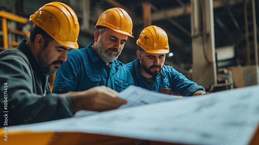 Construction team reviewing project plans in a warehouse setting during the afternoon Construction team reviewing project plans in a warehouse setting during the afternoon
