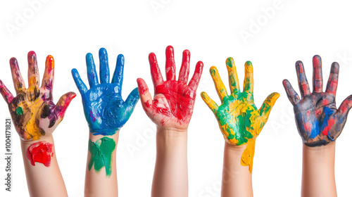 playful set of small painted hands of a child, with various colorful designs, isolated on a white background. cutout PNG file on a transparent background.