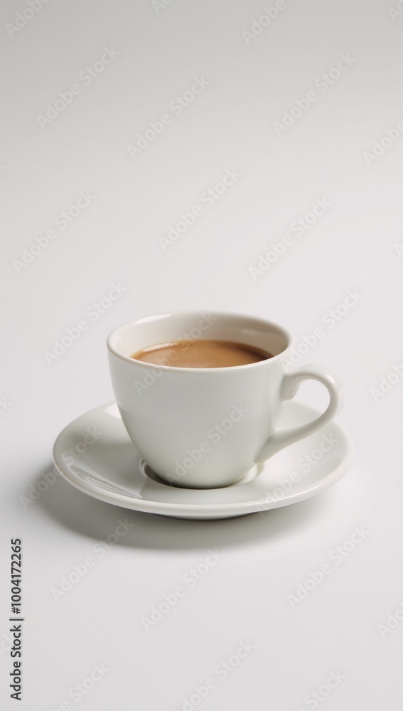 White ceramic cup with hot drink isolated against white backdrop White ceramic cup with hot drink isolated against white backdrop