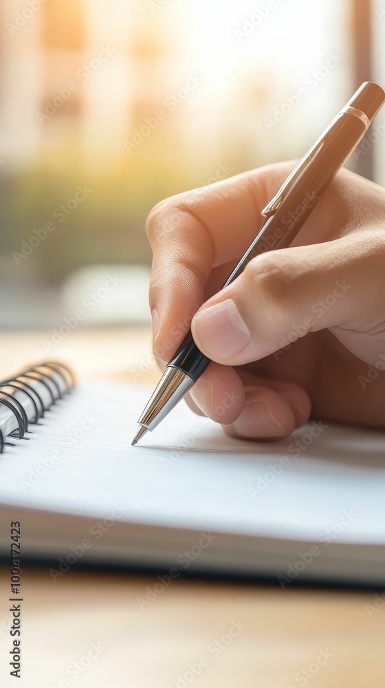 Close-up of a hand writing key objectives in a notebook, outlining a business plan