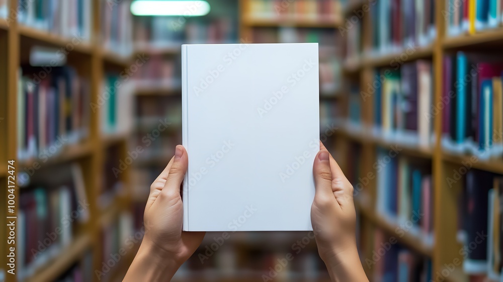 Hands Holding Book with Blank White Cover in Library Hands Holding Book with Blank White Cover in Library