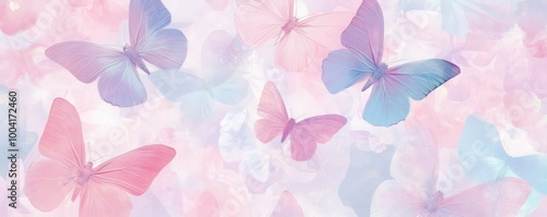 Delicate pink and lavender butterflies with soft pastel colors creating a dreamy floral background