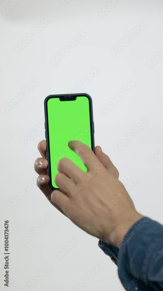 Close Up of Mobile Phone With Green Mock-up Screen In Men's Hands On White Background. Man Doing Swiping, Scrolling Gestures. Internet Social Networks Browsing News, Financial Reports Close Up of Mobile Phone With Green Mock-up Screen In Men's Hands On White Background. Man Doing Swiping, Scrolling Gestures. Internet Social Networks Browsing News, Financial Reports