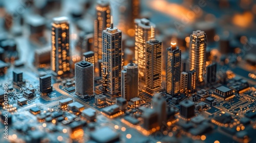 Fototapeta Naklejka Na Ścianę i Meble -  Miniature illuminated skyscrapers on a circuit board, symbolizing futuristic smart city technology, digital infrastructure, modern architecture, urban innovation, tech economy, high-tech urban