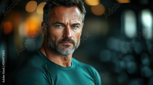 Portrait of a serious middle-aged man with salt-and-pepper beard in a gym, intense expression, fitness, strong masculine appearance, determination, focused energy, mature athletic figure, health