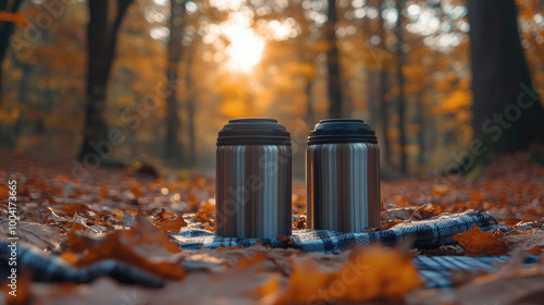 Metal thermoses sit on a checkered blanket amid colorful autumn leaves, capturing the serene beauty of the forest at sunset