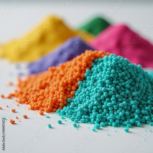 Eco-friendly biodegradable plastic granules of various colors on lab table - raw materials for plastic production photo