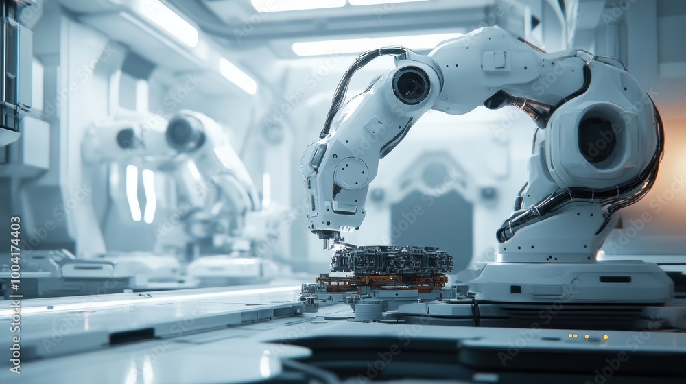 A robotic arm working in a high-tech industrial environment. A robotic arm working in a high-tech industrial environment.