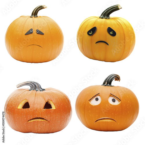 Set of four pumpkins with a sad face, isolated on a transparency background, in a minimalistic style photo