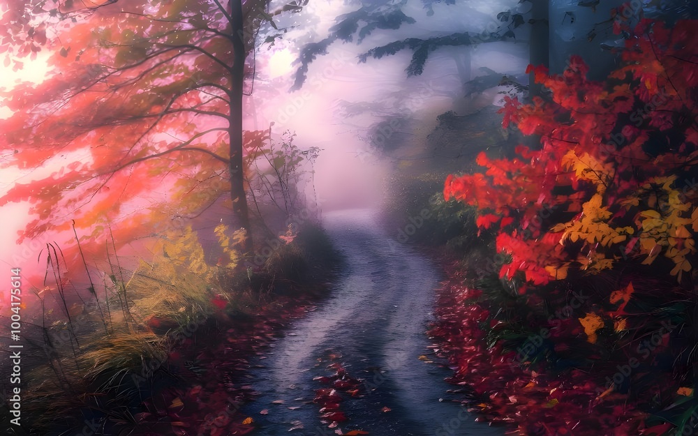 Fototapeta premium Misty Autumn Forest Path amazing tranquil landscape 