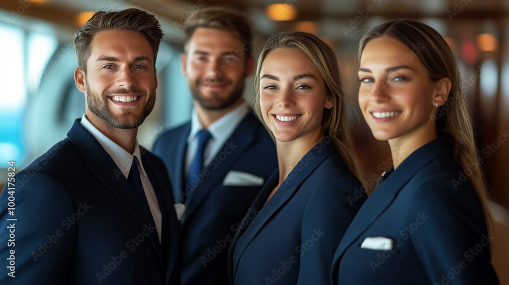 Smiling cruise ship crew members wearing marine blue suits. Smiling cruise ship crew members wearing marine blue suits.