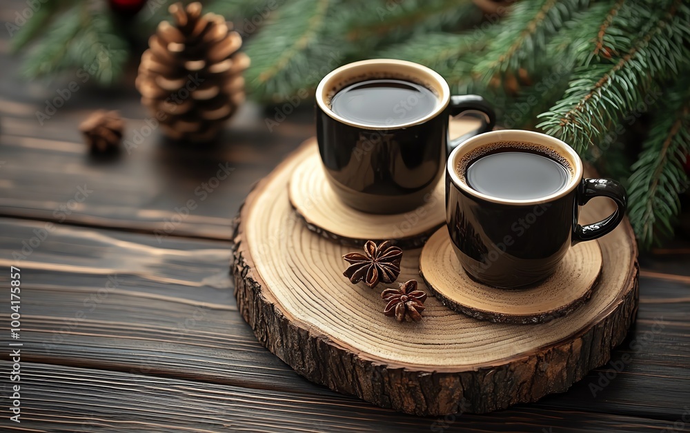 Fototapeta premium Wooden table top view, coffee cups and round beige coaster, Christmas theme, festive setting