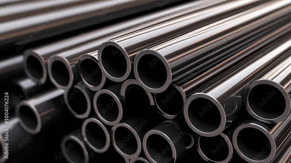 Steel pipes of various sizes arranged in a warehouse, with a focus on their polished finish and high durability for industrial use, 3D illustration Steel pipes of various sizes arranged in a warehouse, with a focus on their polished finish and high durability for industrial use, 3D illustration