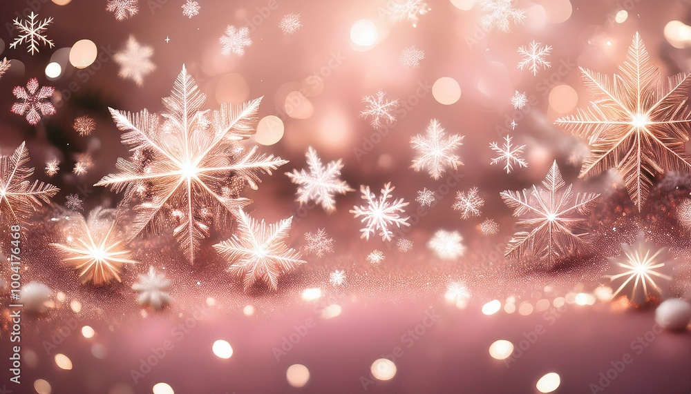 Christmas Background: A warm rose gold background with sparkling snowflakes and soft white lights intertwined. Christmas Background: A warm rose gold background with sparkling snowflakes and soft white lights intertwined.