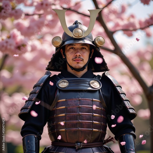 Japanese samurai amidst blooming cherry blossoms photo