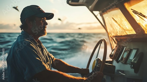 Man navigating a boat at sunset. photo