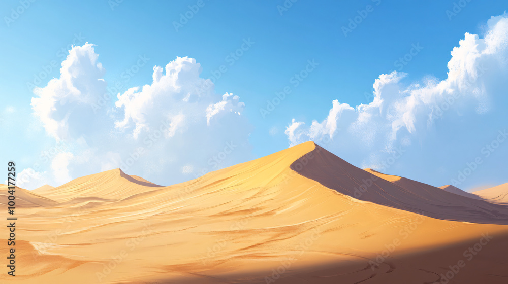 A vast desert landscape with rolling sand dunes under a bright blue sky. A vast desert landscape with rolling sand dunes under a bright blue sky.