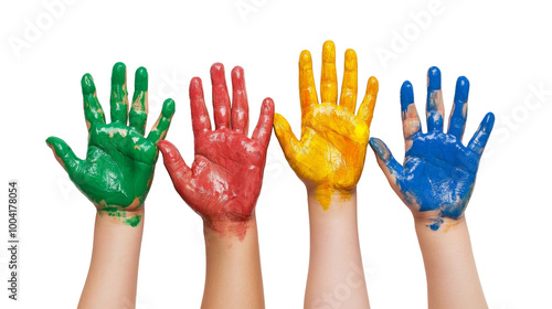 set of colorful painted childs cute hands, isolated on a white background. Modern city skyscrapers, and cityscape buildings. cutout PNG file on a transparent background. PNG format