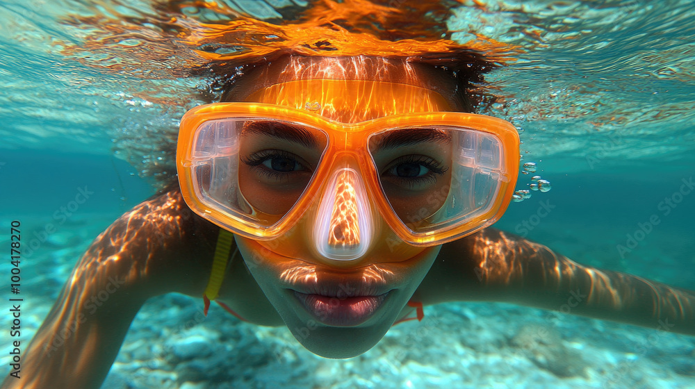 Fototapeta premium A young swimmer with vibrant orange snorkeling gear dives into crystal-clear waters, closely observing underwater life in a tropical setting