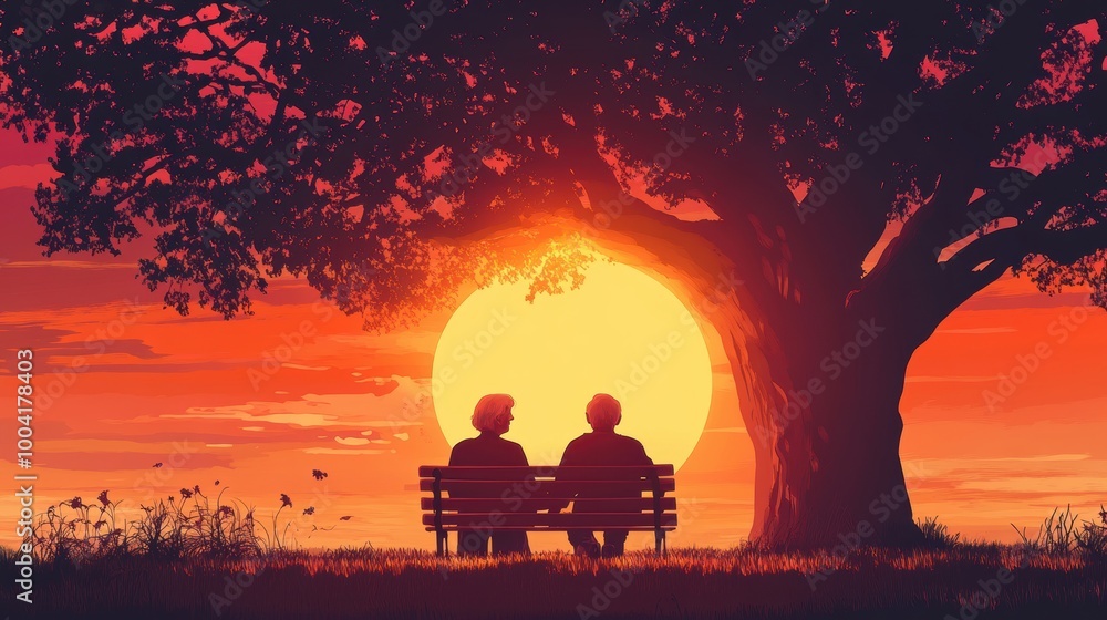 Heartwarming Illustration of Elderly Companionship at Sunset Heartwarming Illustration of Elderly Companionship at Sunset