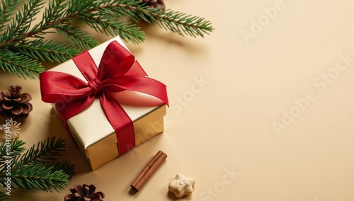 A captivating Christmas scene featuring a golden gift box with a red ribbon amidst festive decorations like fir branches cones stars and cookies on a light gold background in a top view banner format