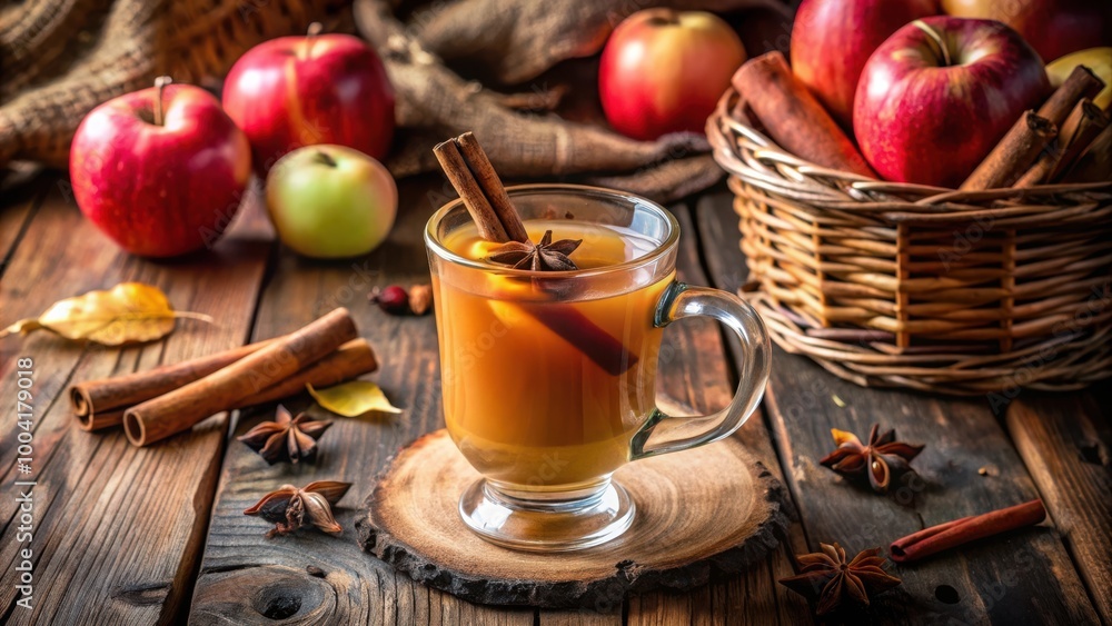 Warm and cozy apple cider drink with cinnamon sticks on rustic table setting Warm and cozy apple cider drink with cinnamon sticks on rustic table setting