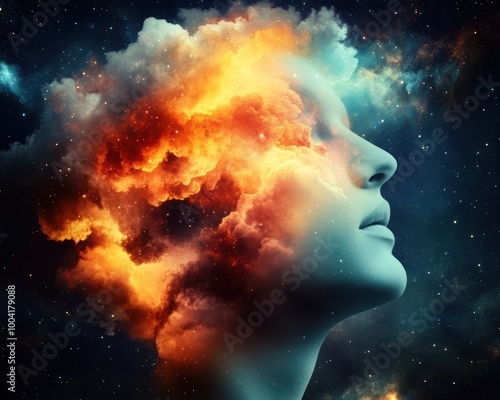 A surreal depiction of a woman's profile with a vibrant explosion of clouds and colors representing emotions and thoughts.