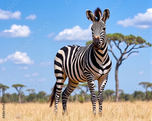 zebra standing in a field of tall grass with trees in the background. photo