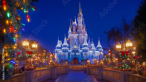 Winter Wonderland: Cinderella's Castle covered with snow and Christmas lights, magical evening setting, charming and festive moodon Christmas